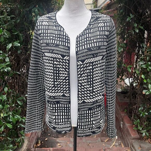 H&M GEO PATTERN OPEN FRONT BLACK & WHITE KNIT CARDIGAN SIZE M MEDIUM - Picture 10 of 12